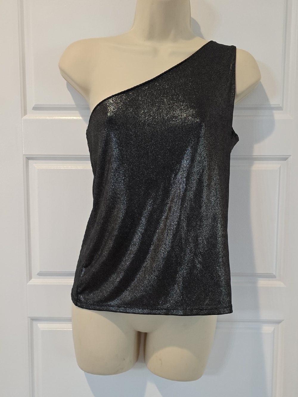 New York & Company Black Metallic One-Shoulder Tank Top
